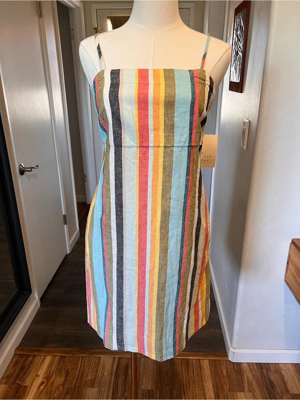 Linen Cotton Blend Stripe Spaghetti-Strap Mini Dress